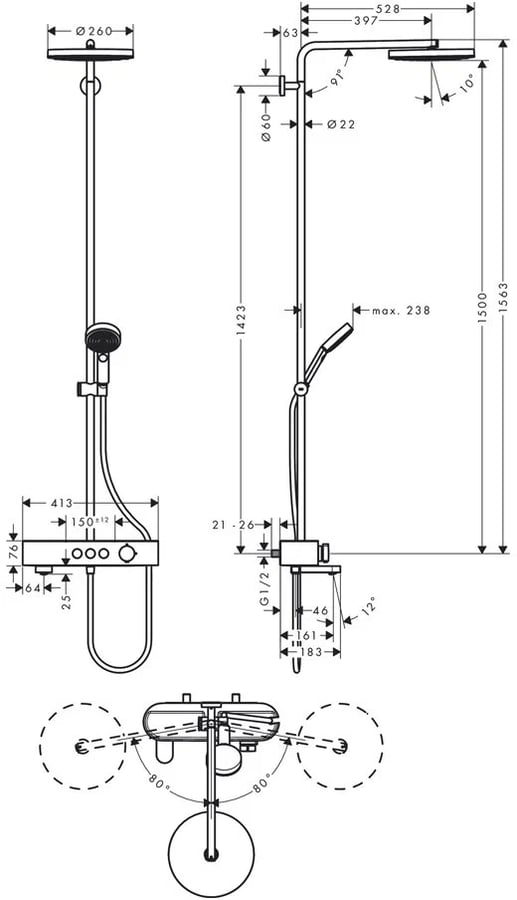 Душевая система с термостатом для ванны, хром Hansgrohe Pulsify Showerpipe 260 24230000 2