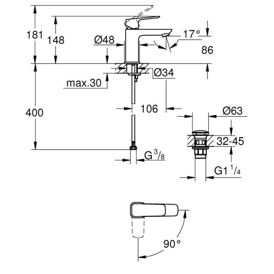 Смеситель для раковины, размер S, черный Grohe Cubeo 1017322430 2